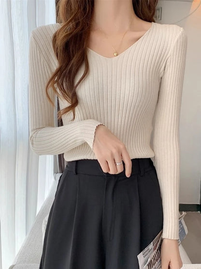 2025 Korean Autumn Winter V Neck Sweater Fashion Casual Long Sleeve Knitted Sweaters Solid Color Slim Pullovers Women Clothes