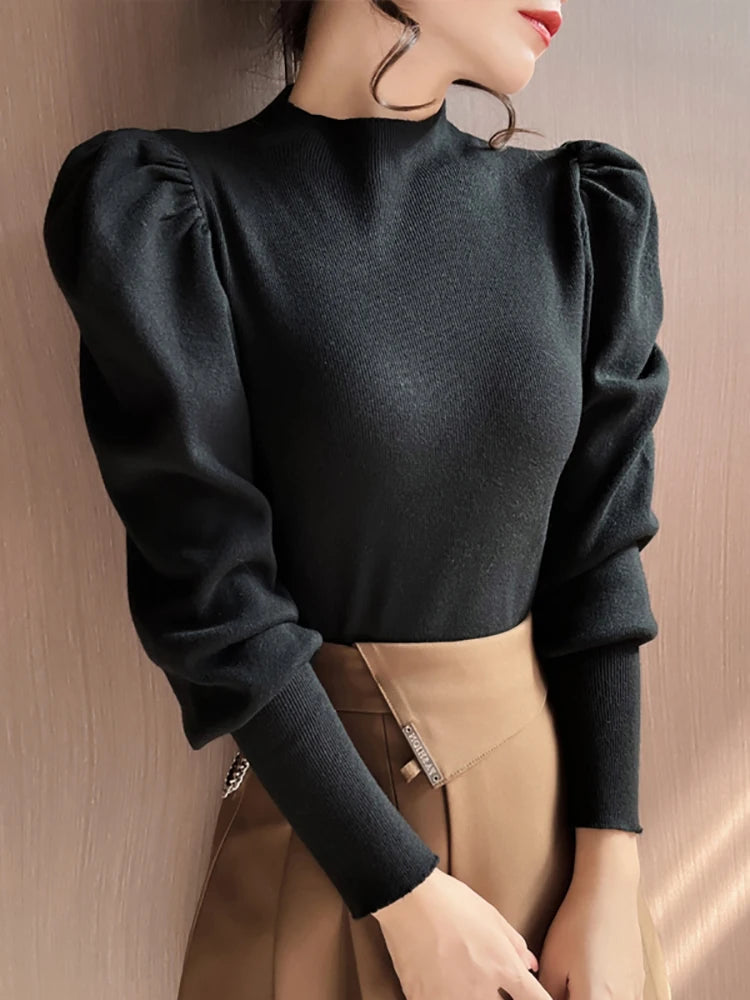 Autumn Winter Sweater Turtleneck Slim Fit Basic Pullovers Fashion Korean Knit Tops Puff Sleeve Womens Sweater Stretch Jumpers