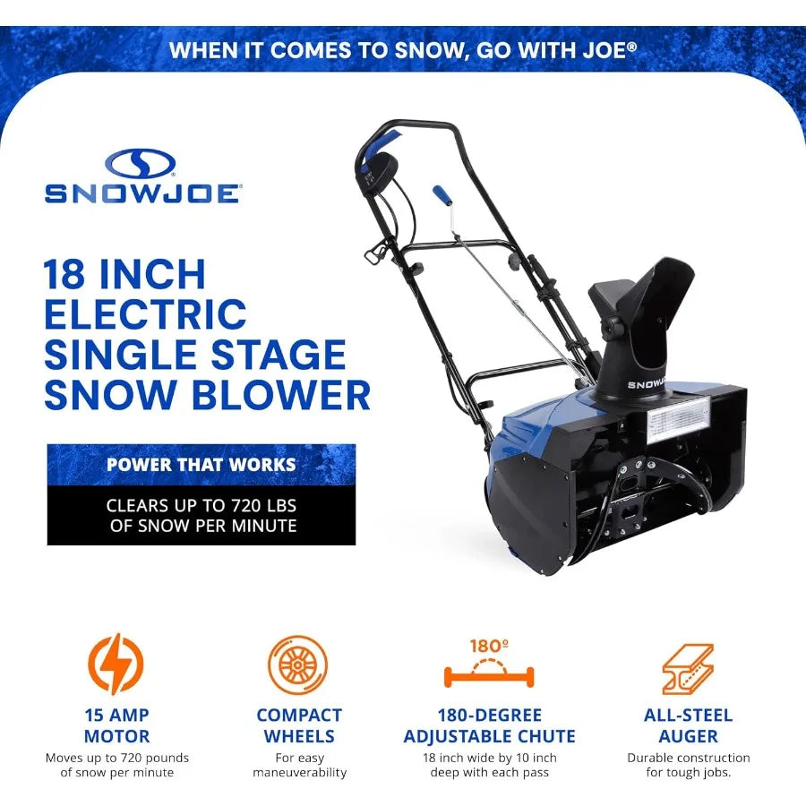 Corded Electric Snow Blower with Headlight 18-Inch Clearing Path 15-Amp Motor - Heavy-Duty Blowing Machine for Ice Removal from