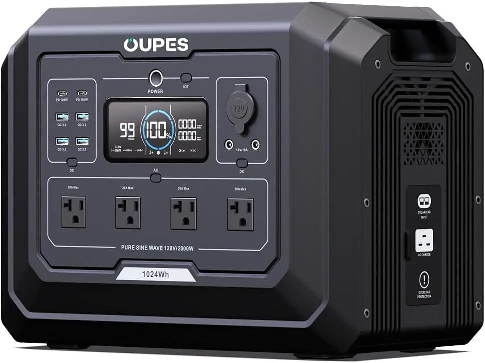 1 Portable Power Station 2000W (4500W Peak), 1024Wh LiFePO4 Battery Generator with 1400W AC Charging & 800W Solar Charging