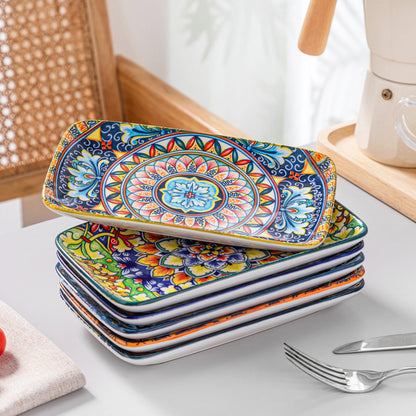vancasso 6/12 Piece Porcelain Rectangular Serving Plates Bohemian 8.5inch Dinner Plates Set for Beef/Food/Noodles/Pasta 6 People