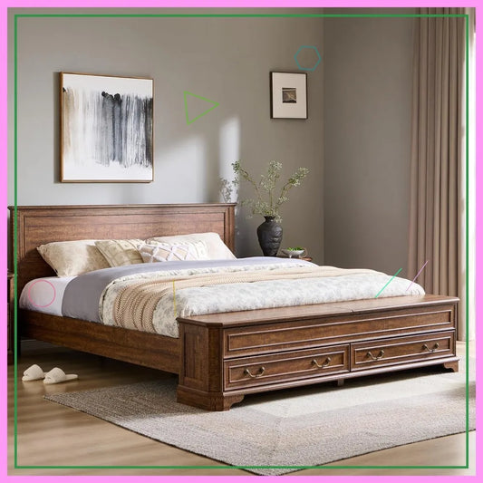 Farmhouse King Bed with Headboard, Storage Bench & 4 Drawers, Rustic Wood Platform Bed in Dark Brown