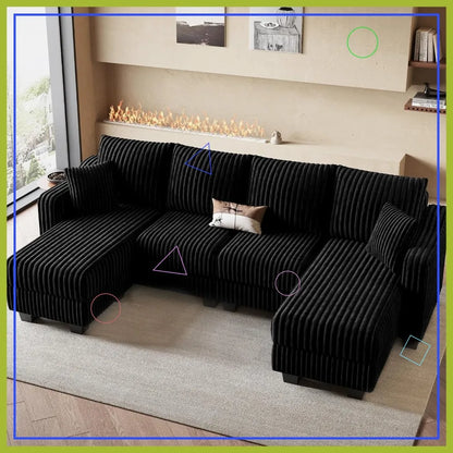 U-Shaped Sectional Sofa with Reversible Chaises & Ottomans, Corduroy Fabric, Black - Spacious Living Room Couch