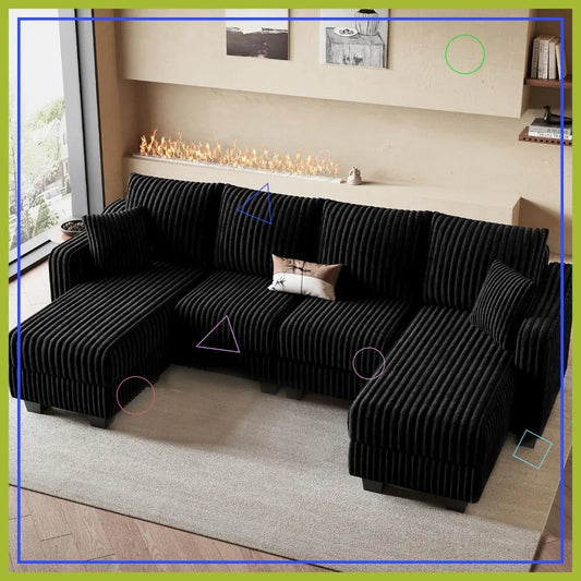 U-Shaped Sectional Sofa with Reversible Chaises & Ottomans, Corduroy Fabric, Black - Spacious Living Room Couch