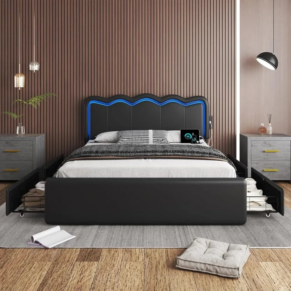 Bed Frame with 4 Storage Drawers and LED Lights, Upholstered Platform Bed with Adjustable Chic Double Wavy Headboard