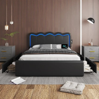 Bed Frame with 4 Storage Drawers and LED Lights, Upholstered Platform Bed with Adjustable Chic Double Wavy Headboard