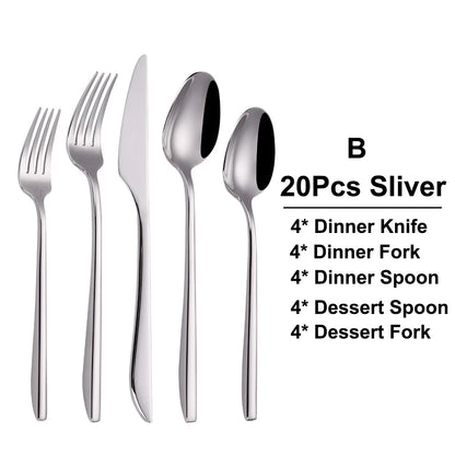 6/16/20/24/28Pcs Cutlery Set Stainless Steel 304 Tableware Mirror Sliver Dinner Set Western Knife Fork Spoon Elegant Flatware