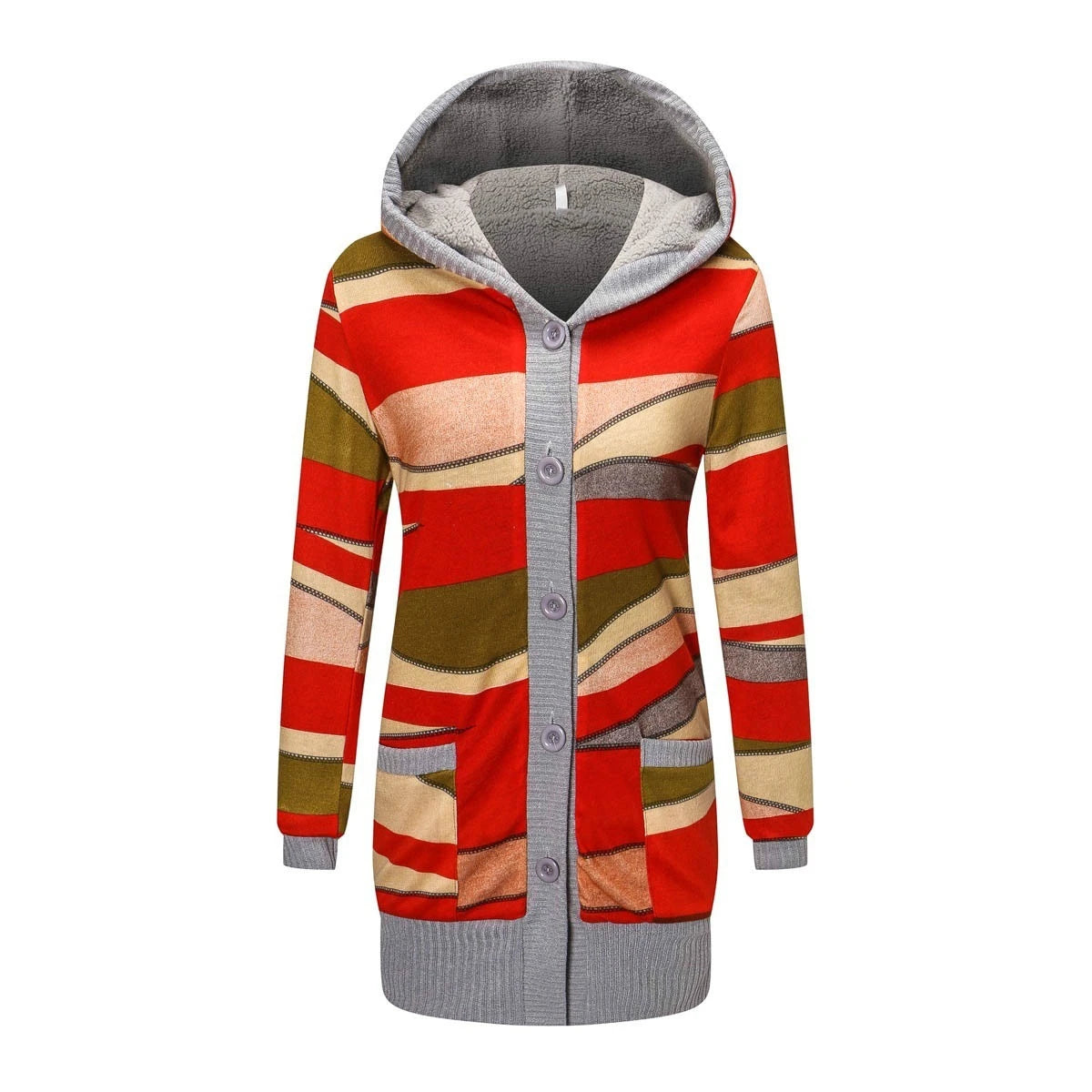 Women Cardigan Striped Print Long Sleeve Sweater Coat Buttons Closure Hooded Plush Lining Sweater Outerwear For Autumn Winter