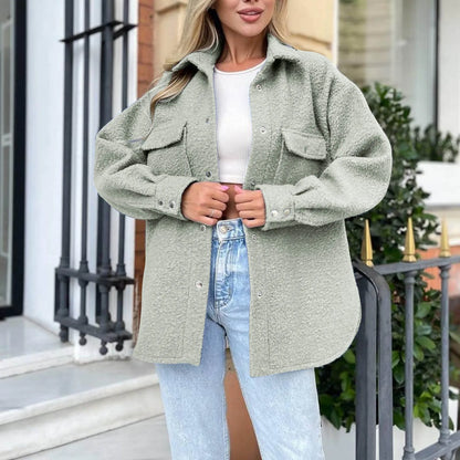 Womens Fleece Shirt Jacket Oversized Button Down Long Shacket Jacket With Pockets Zip Up Womens Solid Color Warm Sweatshirt