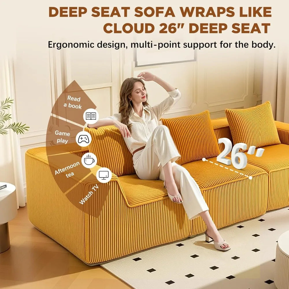 111.5" Cloud Couch, Modular Boneless Sectional Sofa for Living Room & Bedroom, Deep Seat 3-Seater Corduroy Modular Sofa Couch