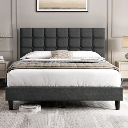 Upholstered Bed Frame, Modern Queen Bed Platform with Square Stitched&Button Tufting Headboard Height Adjustable, Wooden