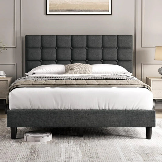 Upholstered Bed Frame, Modern Queen Bed Platform with Square Stitched&Button Tufting Headboard Height Adjustable, Wooden