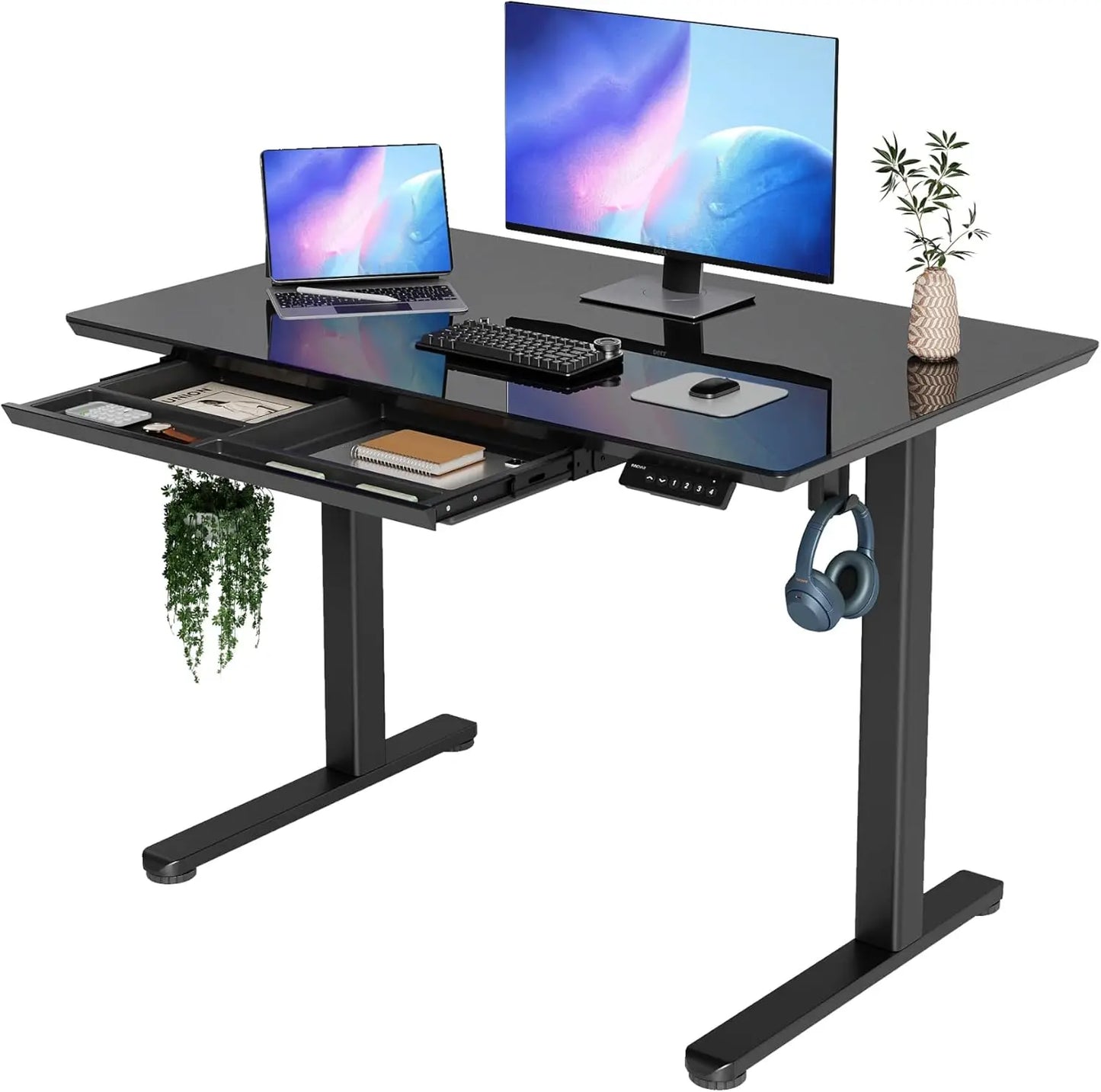 Glass Standing Desk with Drawers, 55×24 Inch Adjustable Stand Up Desk Quick Install Home Office Computer Desk, White