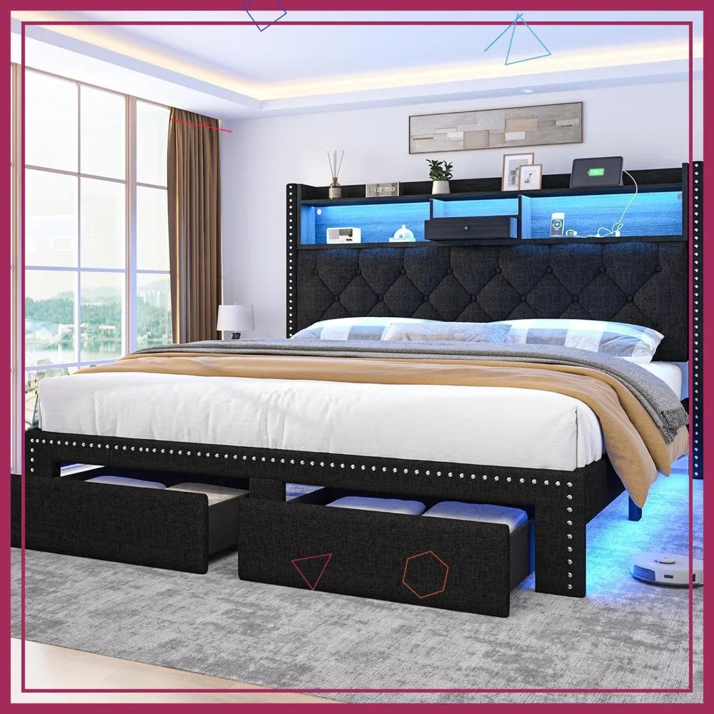 Queen Bed Frame with LED Lights, Storage Drawers & Charging Station, Upholstered Platform, No Box Spring Needed