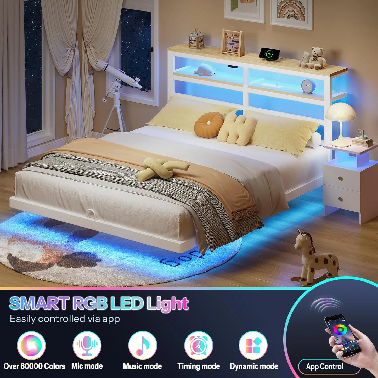 Floating Bed Frame Queen Size with Storage Headboard,Modern Metal Platform with Smart LED Lights and Charging, Customized