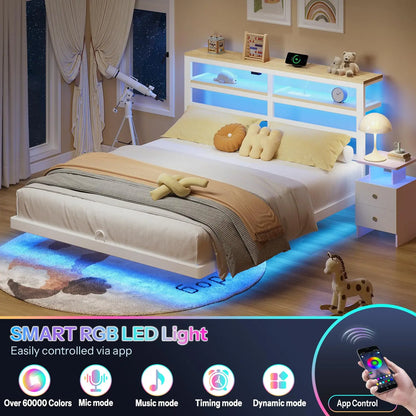 Floating Bed Frame Queen Size with Storage Headboard,Modern Metal Platform with Smart LED Lights and Charging, Customized