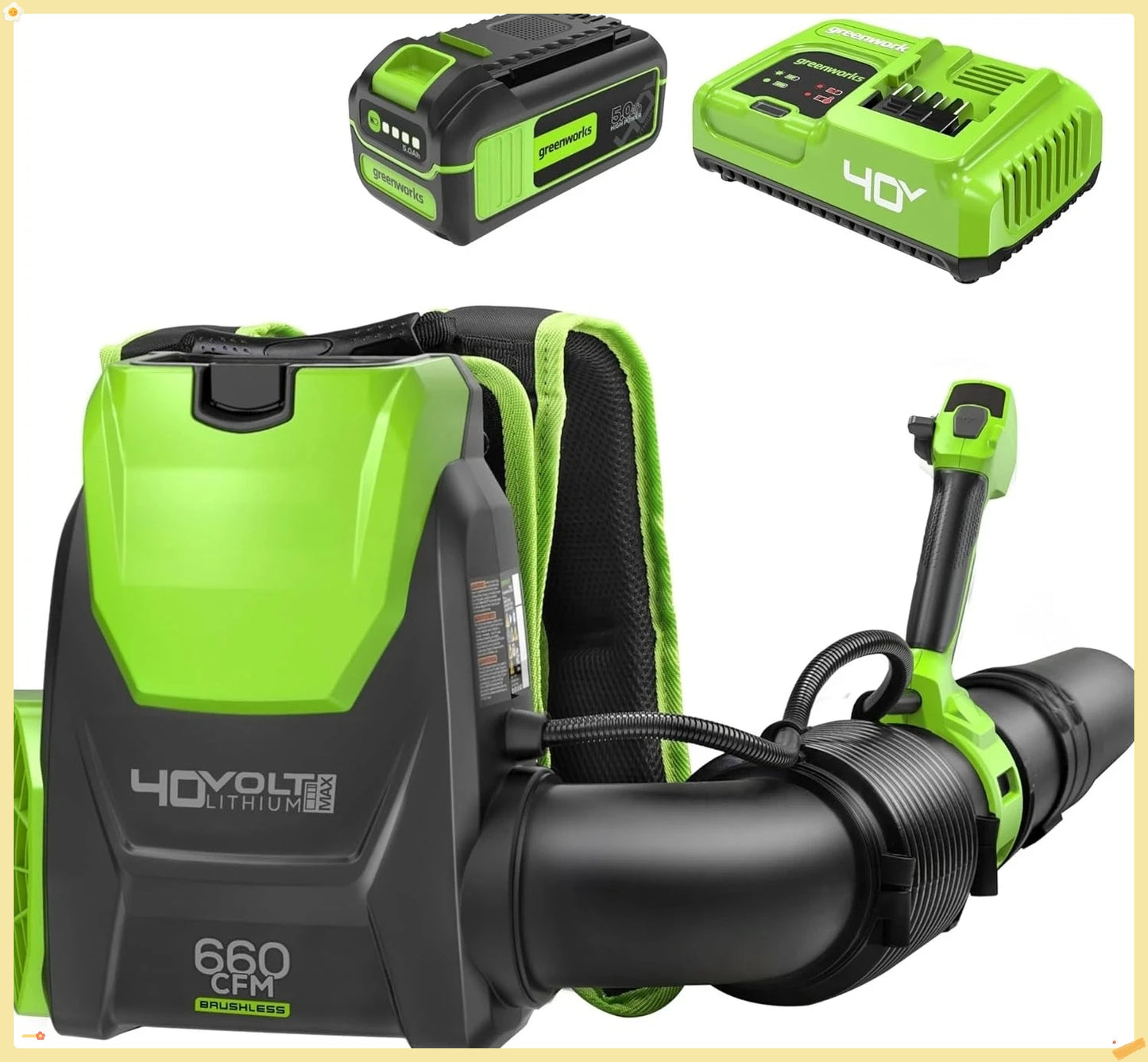 Brushless Backpack Leaf Blower, Commercial-Grade Power for Yards,  Patios, Includes 5.0Ah Battery & 5A Rapid Charger