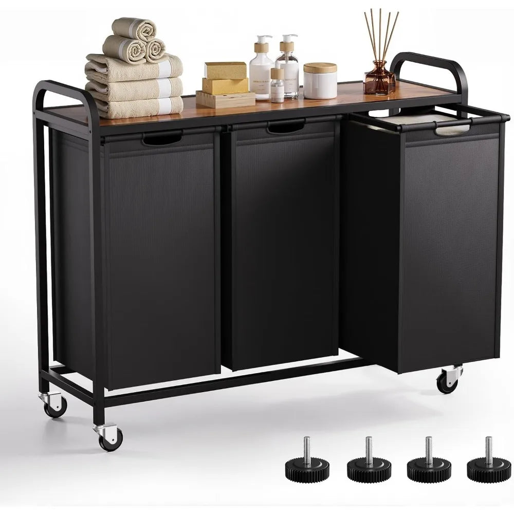 Rolling 3-Section Laundry Hamper with Pull-Out Bags, Top Shelf, and Wheels for Large Capacity Sorting