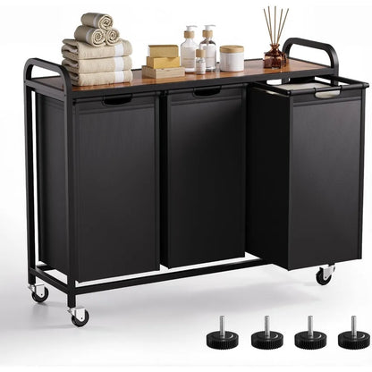 Rolling 3-Section Laundry Hamper with Pull-Out Bags, Top Shelf, and Wheels for Large Capacity Sorting
