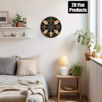 Native American-Themed 2D Flat Circular Aluminum Wall Plaque–8x8 Inch Vibrant Tribal Design in Turquoise, Orange, Brown & More"