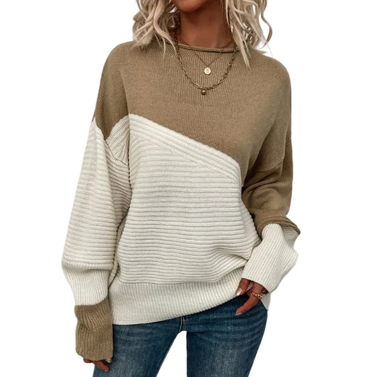 Women'S Casual Round Neck Colorblock Pullover Sweater Loose Casual Long Sleeve Contrast Color Top Pulls Femmes Woman Clothes