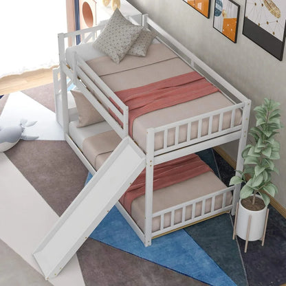 SOFTSEA Twin Over Twin Low Bunk Beds with Slide and Stairs, No Box Spring Needed