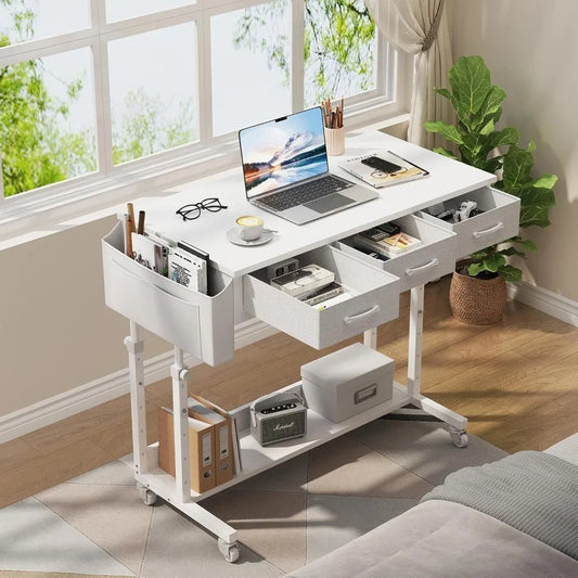 White Portable Rolling Computer Desk - 40 Inch Adjustable Mobile Standing Teacher Desks with 3 Fabric Drawers on Wheels, Couch S