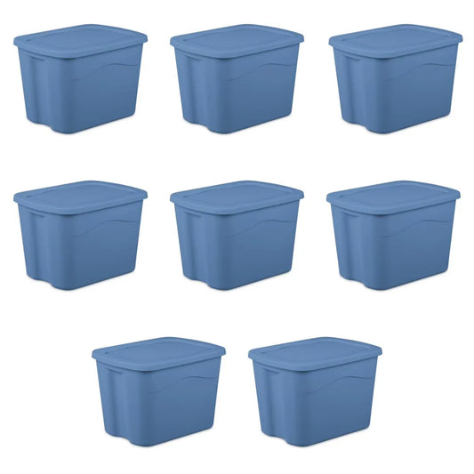 Sterilite 18 Gallon Plastic Storage Bin with Snap-on Lid, Light Blue, 8 Pack