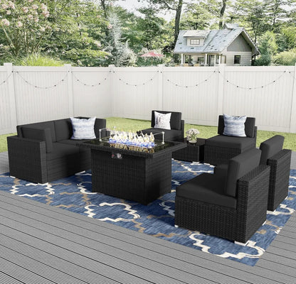8 Pieces Patio Furniture Set with 44" Propane Gas Fire Pit Table, Outdoor Sectional Wicker Conversation Sofa Sets with Coffee Ta