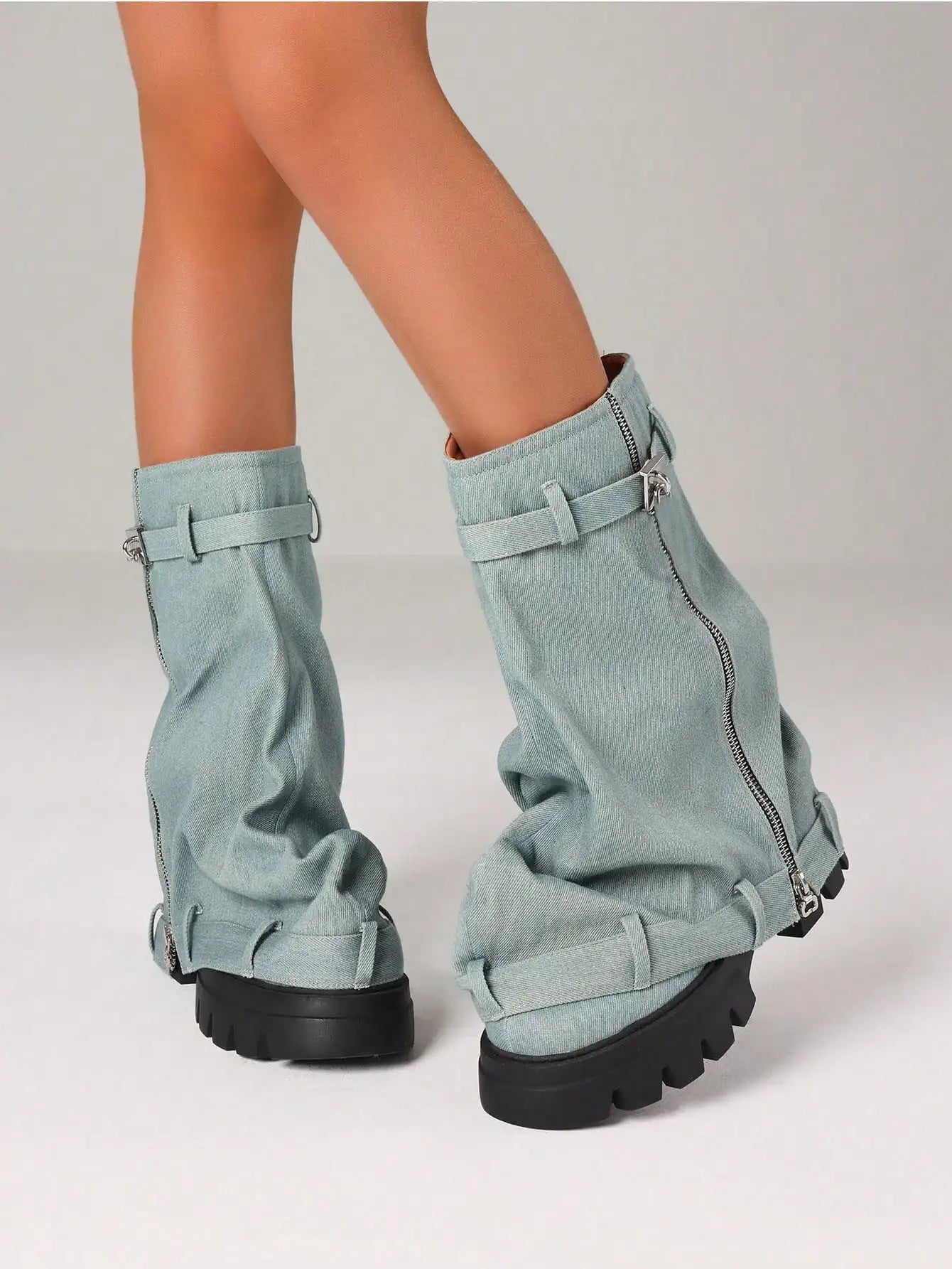 Women'S Y2K Slouchy Fold Over Shark Boots Fashion Punk Side Zipper Platform Chunky Heels Pull On Casual Party Boots Woman