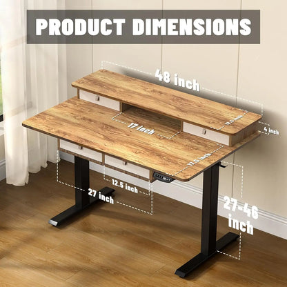 48 * 30 Inches Electric Standing Widened Desk Adjustable Height with 4 Drawers, Double Storage Shelves Stand Up Desk, Home Offic