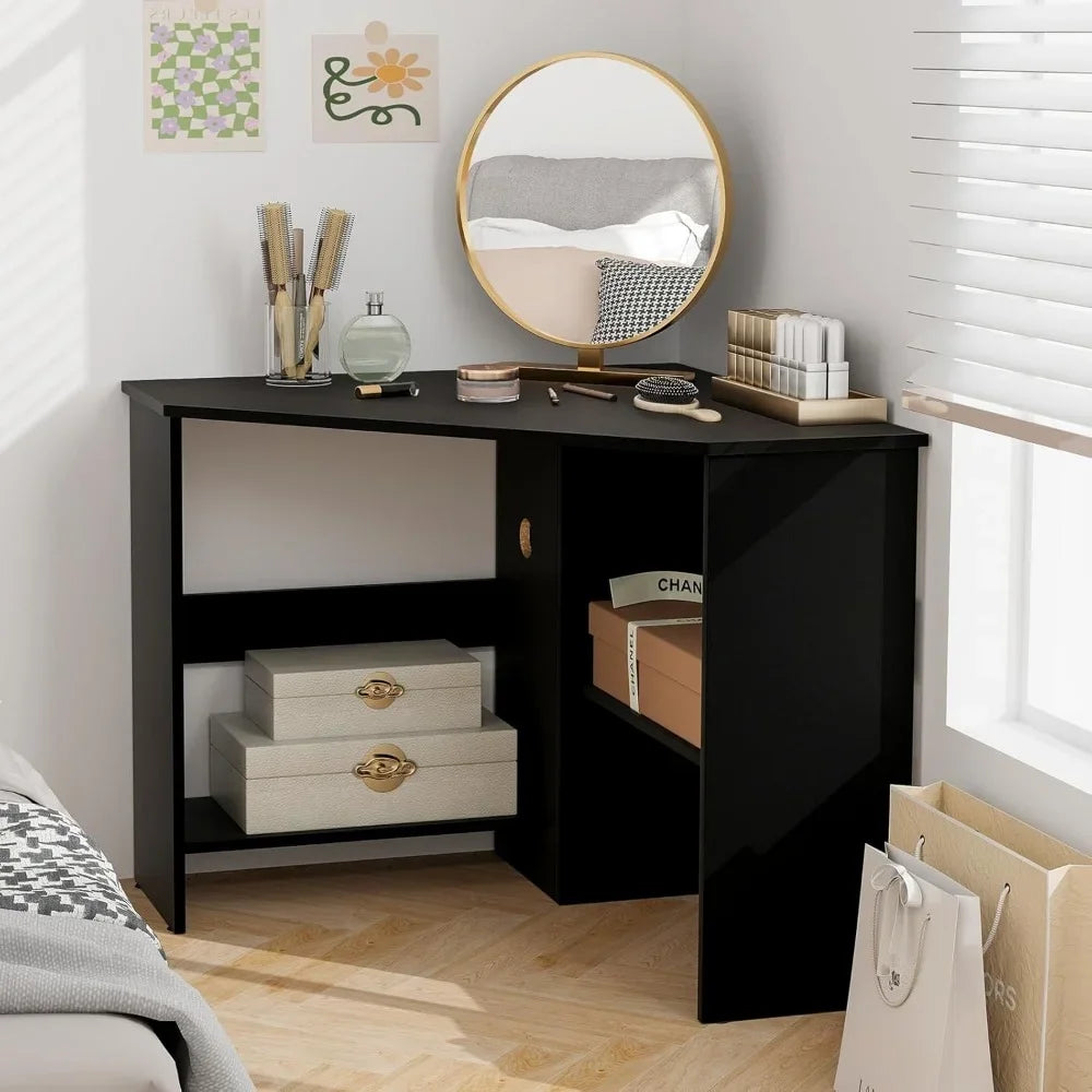 Corner Desk, 90 Degrees Triangle Computer Desk for Small Space, Space Saving Bedroom Corner Makeup Vanity Desk with Storage