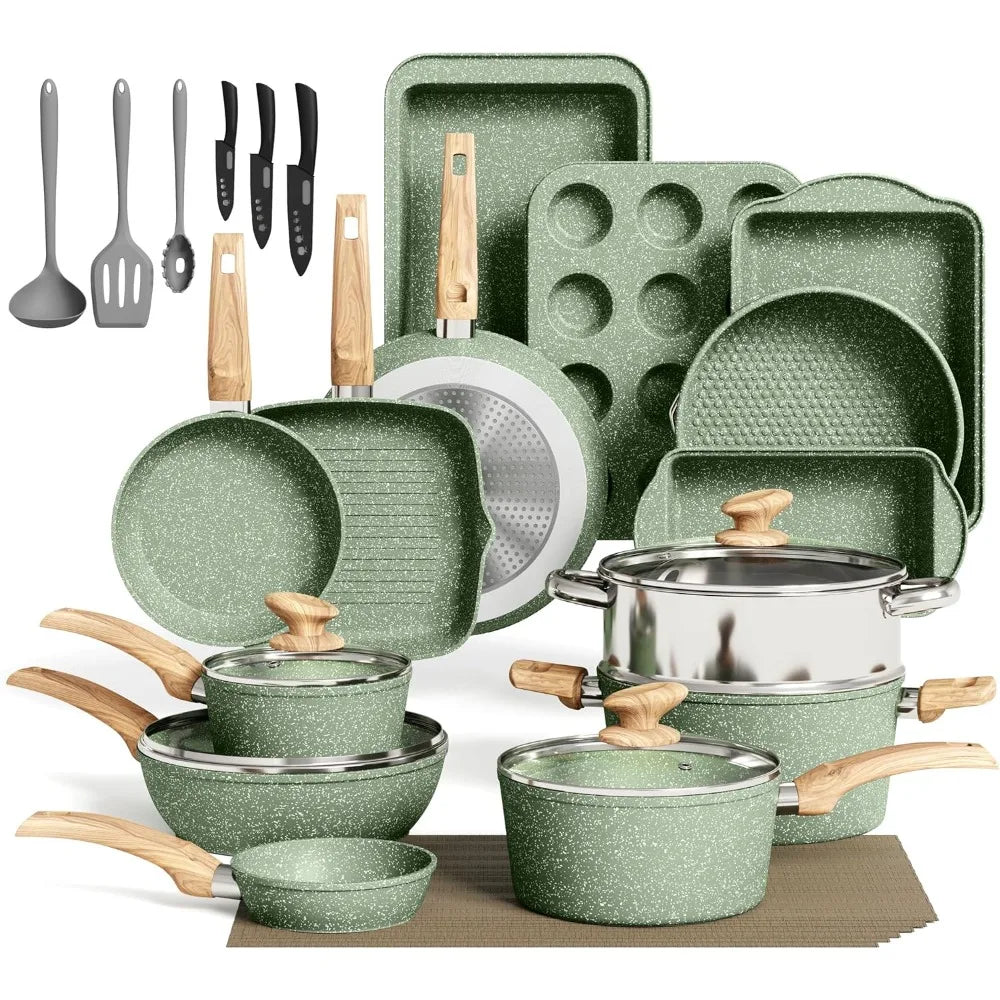 30 Pcs Non Stick Pots and Pans Set Granite Coating Kitchen Cookware Bakeware Set with Frying Pan Saucepan Baking Tray