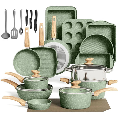 30 Pcs Non Stick Pots and Pans Set Granite Coating Kitchen Cookware Bakeware Set with Frying Pan Saucepan Baking Tray