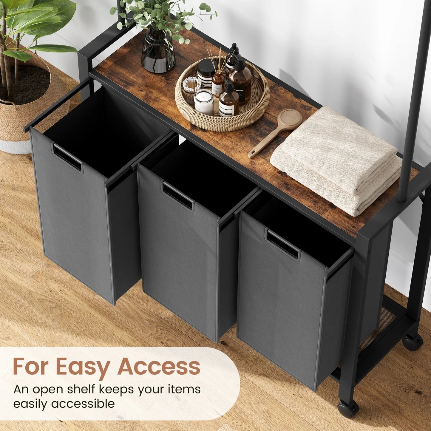 Laundry Sorter With Extendable Hanging Bar Laundry Basket With Wheels And Shelf, Laundry Room Organization And Storage