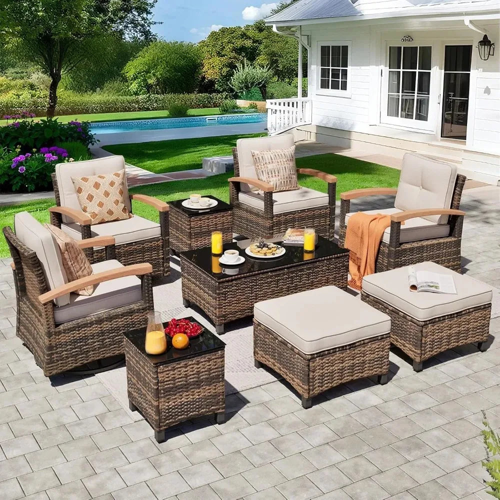 9 Pieces Outdoor Patio Furniture Sets,PE Wicker Patio Conversation Sets with 4 Wood Armrests Swivel Rocker Chairs，