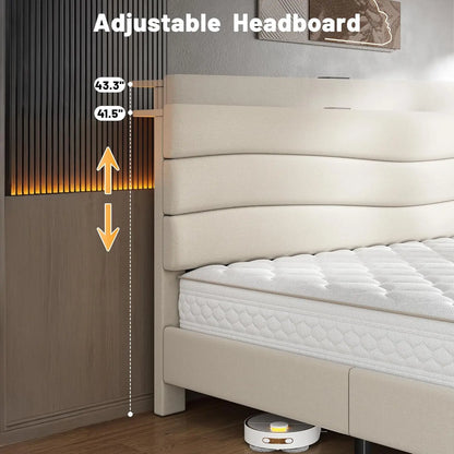 Queen Bed Frame with Fabric Upholstered Headboard, Storage Headboard and Charging Station, Queen Size Bed Frame