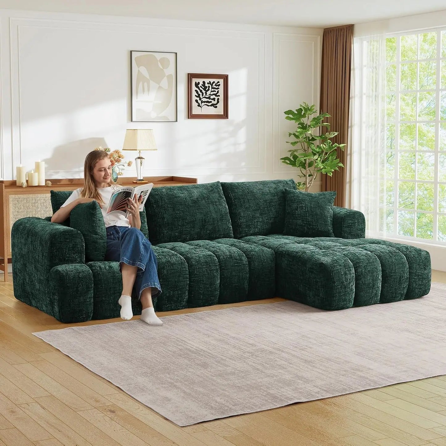 108" W Modular Sectionals Sofa,Cloud Boneless Couch with Chaise,Chenille Tufted Deep Seat L Shaped Couch,Modern Compression Foam