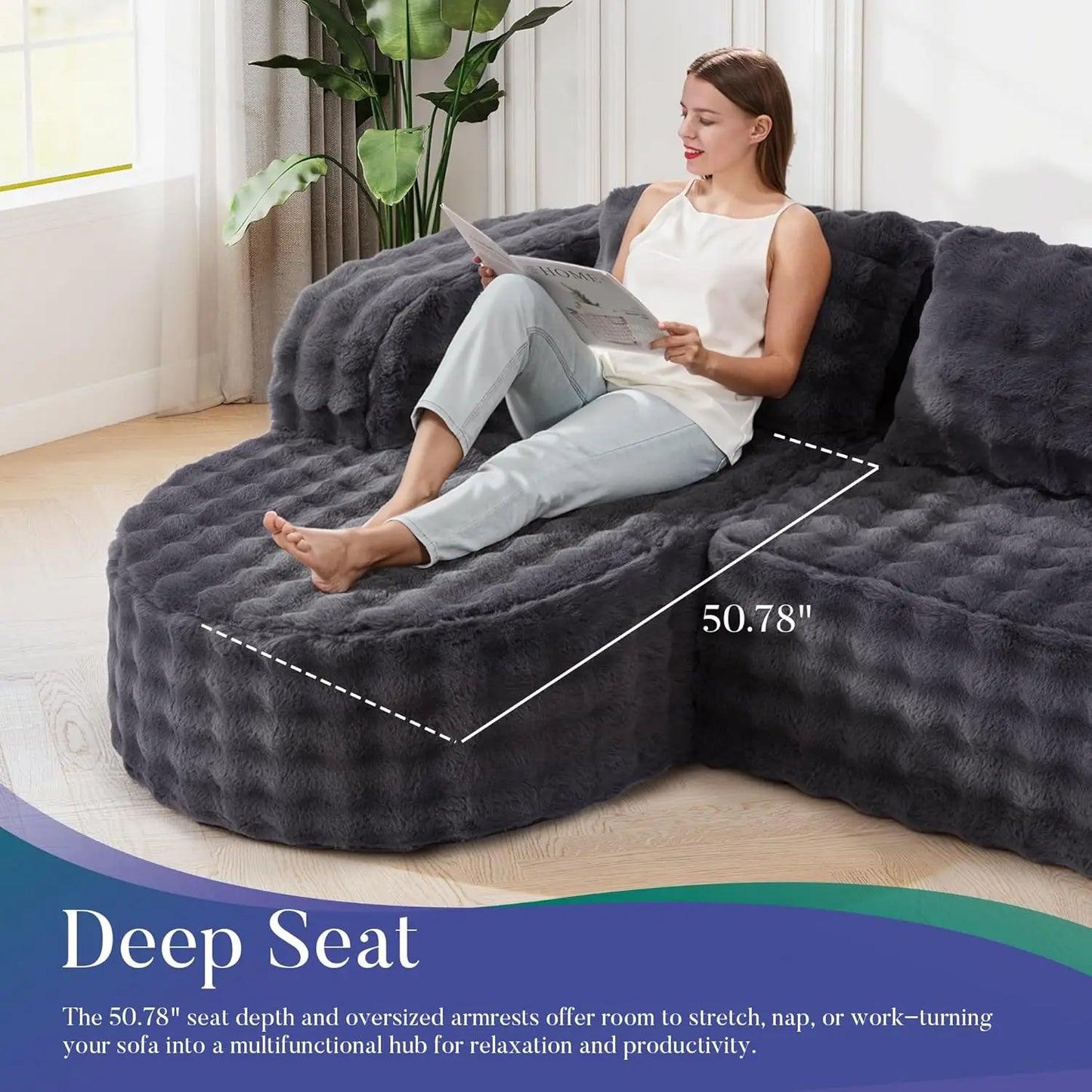96" Cloud Sectional Couch Modern Boneless Couch 3 Seater with Oversized Chaise L Shaped Modular Sofa Couches for, Customized