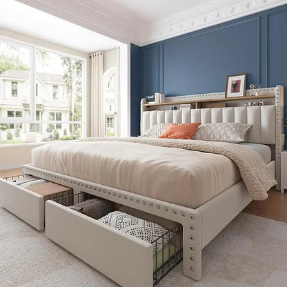 Queen Size Bed Frame, Upholstered Queen Bed Frame with 2 Storage Drawers and 2-Tier Headboard, Vertical Tufted Headboard