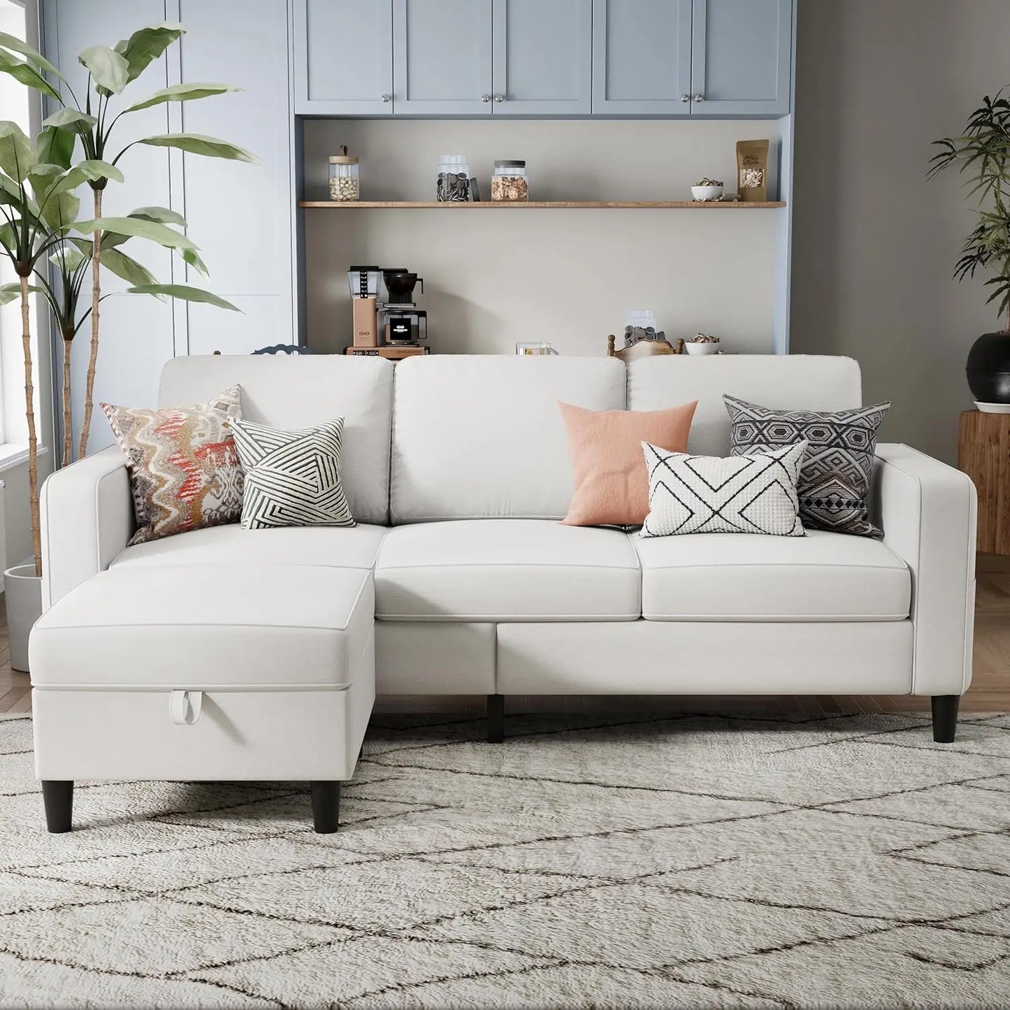 Sectional Sofa Couches for Living Room - 3 Seat L-Shaped Couch with Storage Ottoman, Comfy Fabric Convertible Sectionals
