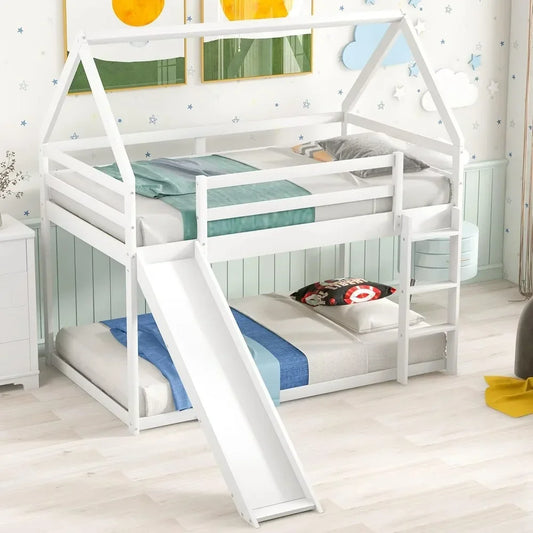 House Bunk Bed with Convertible Slide and Ladder, Floor Bunk Bed Twin Over Twin Bunk Bed with Roof and Security Guardrails