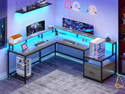 L-Shaped Gaming Desk with LED Lights, Power Outlet & Storage, 66" Home Office Corner Desk for Two Persons, Grey