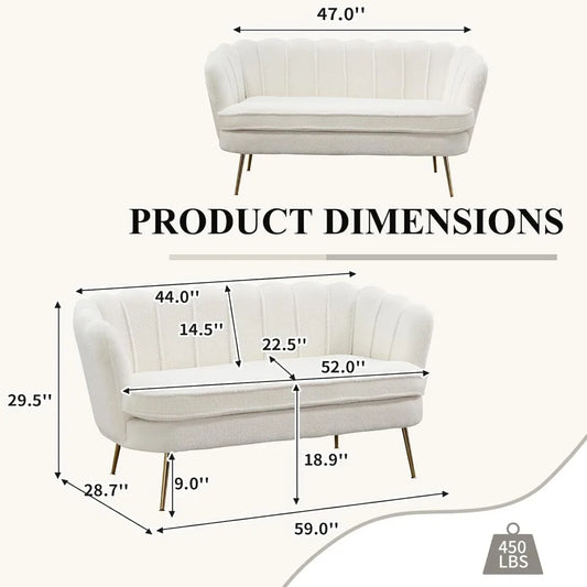 59" Wide Loveseat Sofa, Boucle Upholstered Small Couch with Petal Design, Modern Leisure Sofa with Gold Metal Legs
