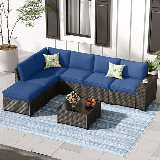 Patio Furniture Set, All-Weather Outdoor Wicker Sectional Sofa with Cushions, Tempered Glass Table & Ottoman,Rattan Conversation
