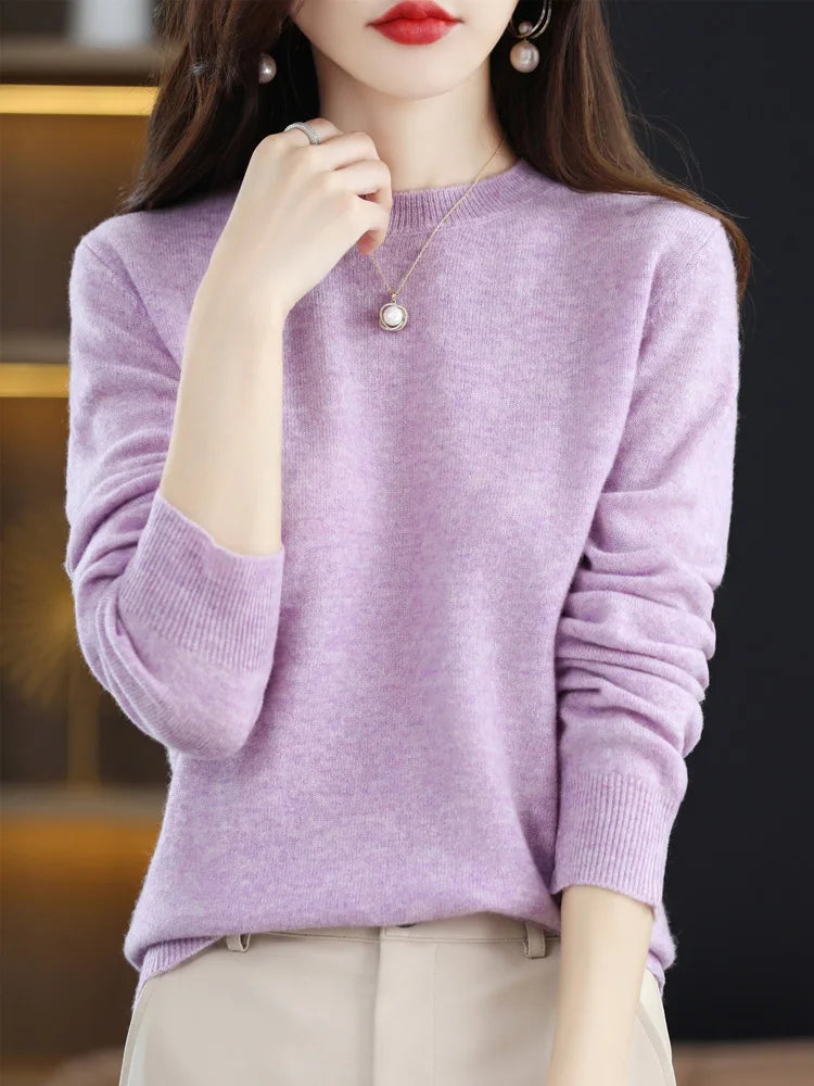 Fashion 100% Merino Wool Women's Sweater O-Neck Long Sleeve Pullover Spring Autumn Winter Basic Jumper Clothing Knitwear Tops