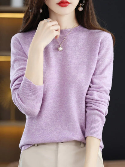 Fashion 100% Merino Wool Women's Sweater O-Neck Long Sleeve Pullover Spring Autumn Winter Basic Jumper Clothing Knitwear Tops