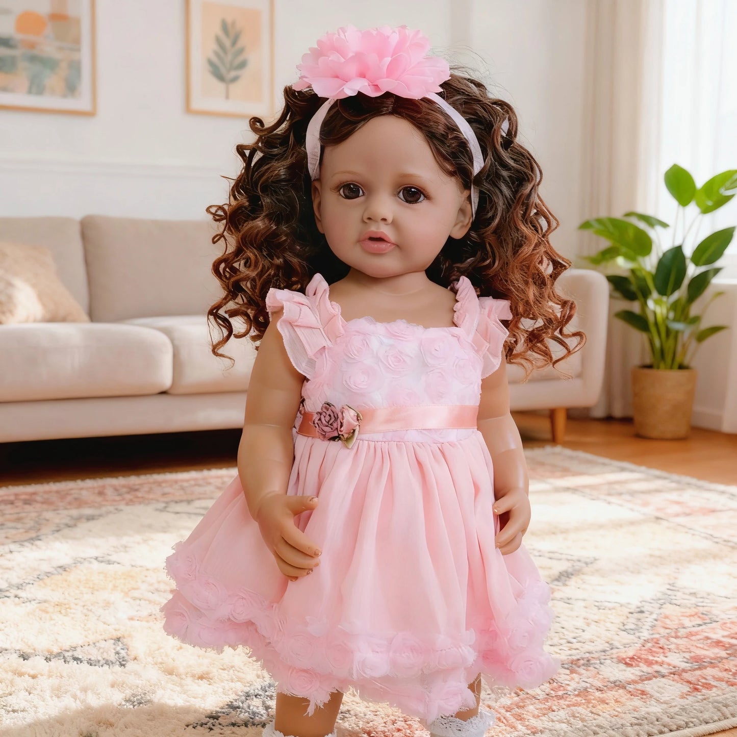 1PC realistic and beautiful reborn doll girl, 22-inch cute baby full-body soft band wig hair set gift box suitable for children,
