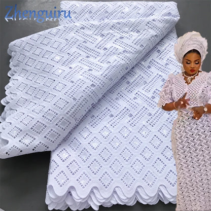 Pure White Nigerian Guipure Lace Fabric 2025 High Quality Water Soluble African Sequin Cord Lace Fabric for Party Dress Sew 4025