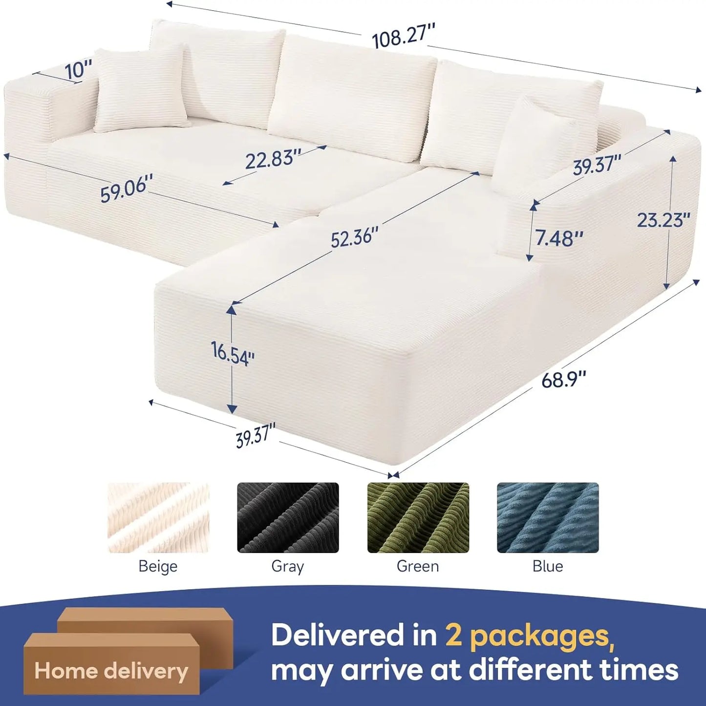 2025 New 108" Cloud Couch Sectional, Modular Sectional Sofa with L-Shaped Chaise, Deep Seat Sectional Modular Couch, Customized